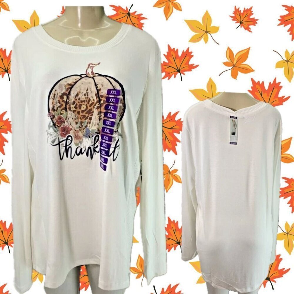 Modern Canvas XXL Eggshell Thankful Statement Crew Ribbed Trim Long Sleeve Top